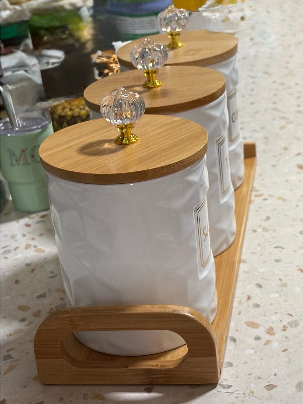 Set of 3 Ceramic Canisters for Sugar Coffee, Tea with Tray - Picture 12 of 17